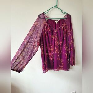 Purple Floral Sheer Mesh Plus Size Knit Blouse Top 3X Pullover V Neck Mature